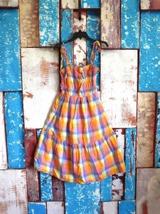 Women's Free Assembly Picnic Dress Cotton Madras Plaid Sun Tiered Strapless - Picture 1 of 10