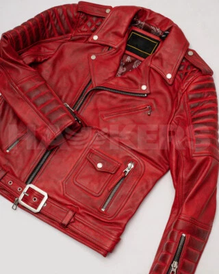 Men's Distressed Red Genuine Soft Pure Lambskin Leather Biker ,Motorcycle Jacket - Image 1 of 4