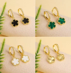 18K Gold CZ Crystals Hoop Dangle Clover Earring Jewellery in stainless steel - Picture 1 of 13