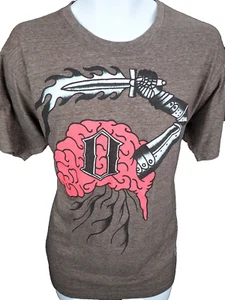 Large Brown T Shirt Tee Solid Gold Tattoo Elmont NY Flaming Sword Armored Arm - Picture 1 of 3