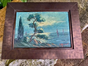 Ölgemälde auf Tafel MARINE Küstenrand signiert R MOREL 27/19 cm - Bild 1 von 4