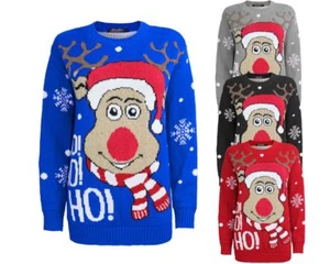 Ladies Women Knitted Reindeer HoHoHo Christmas Xmas Kids Chunky Knit Jumper Top - Picture 1 of 14
