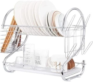2 Tier Dish Drainer Rack with Utensil Holder Large Capacity Dish Drying Kitchen - Picture 1 of 7