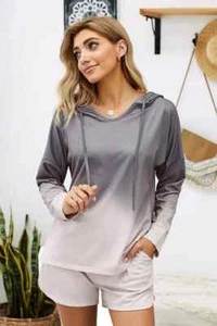 Grey Dip Dye Hooded Lounge Sweatshirt Shorts Set - LC45068-11 - Picture 1 of 2