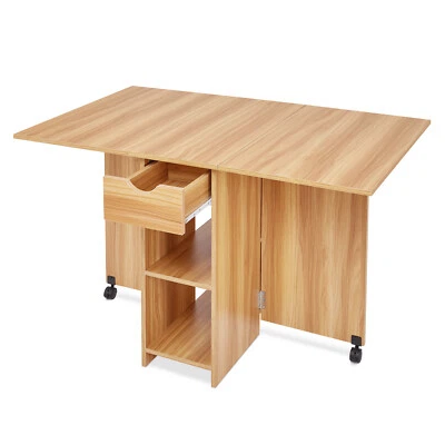 Mondeer Oak Folding Dining Table Rolling Drop Leaf with Drawer & 2 Open Shelves - Image 1 of 4