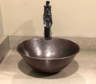 14" Round Antique Copper Vessel Bathroom Sink Daisy Drain Included  - Image 1 of 3