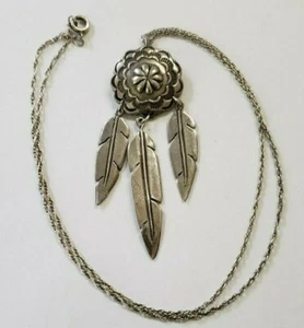 Native American Silver Necklace with Flower Dome and Triple Feather Pendant - Picture 1 of 10
