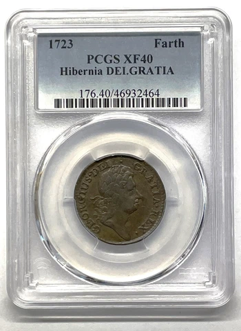 1723 Colonial Hibernia Farthing DEI.Gratia Gold Shield PCGS XF40 Cover
