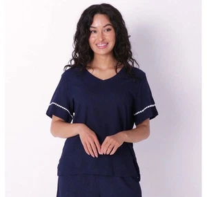 Cuddl Duds Crepe Knit V-Neck Top Size S Oxford Navy A586201 - Picture 1 of 3