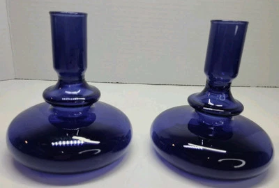 2-Anthropologie Delaney Glass Candlestick Candle Holder Cobalt Blue Bud Vase HTF - Image 1 of 4