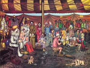George Crionas Vintage Clowns Under Tent Dogs Rifle Clothes Print 27.75 x 21 in - Bild 1 von 3