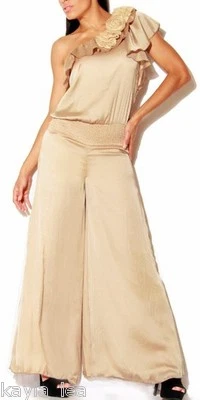 Beige Rosette One/Off Flutter Shoulder Long Wide Leg Palazzo Romper/Jumper 1 Pc - Image 1 of 4