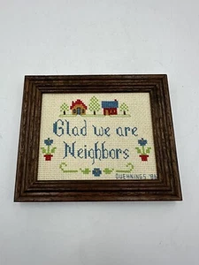 VTG Glad We Are Neighbors Framed Needlepoint Cross Stitch Sign Wall Art Signed - Picture 1 of 6