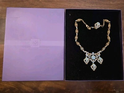 复古 HSN Suzanne Somers 金色声明项链浅蓝色水钻 IOB  — 第 1/4 张图片