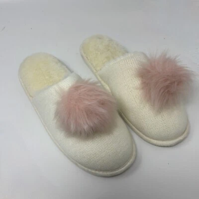 INC Womens Medium Slide Slippers Ivory Sweater Knit with Pink Faux Fur Pompom - Image 1 of 4