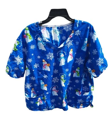 BIO Bring It On Snowflake Snowmen Winter Scrub Top Blue Short Sleeve Size 2X - Image 1 of 4