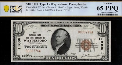 1929 $10 FIRST NB & TST CO WAYNESBORO PA 65Q - Image 1 of 3