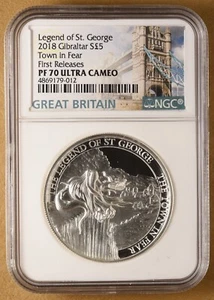 2018 Gibraltar Silver 5 Pounds Legend of St George 'Town Fear' NGC PF 70 Ult Cam - Picture 1 of 2