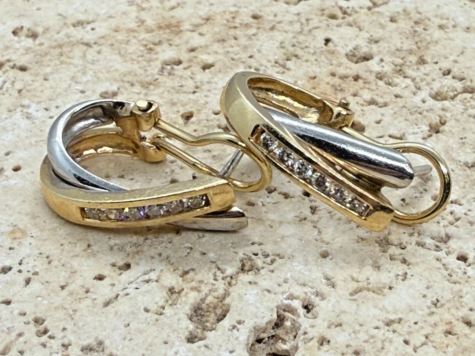 Womens Two Tone 14K Gold & Channel Set .20 Diamond Accent Earrings Omega Backs - Image 1 of 4