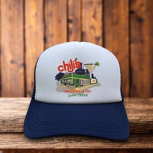 Chili's Mens Trucker Hat Navy Greenville Ave Dallas Texas Baby Back Ribs Cap - Picture 1 of 6