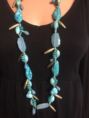 Collar Chico's Disfraz Firmado Piedras Turquesa y Tono Dorado 19" pulgadas Foto 1 de 4