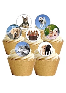 Cake Toppers 24 PRECUT Round Cute Dogs & Puppies Edible Wafer Paper Decorations - Picture 1 of 9