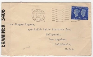 1940 Jun 8th. Censor Cover. Woolwich to Hollywood, USA. Ginger Rogers. - Picture 1 of 2