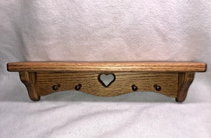 16" Vintage Farmhouse Style Oak Wooden Shelf With Heart Cut Out 4 Pegs 1980's - Picture 1 of 15