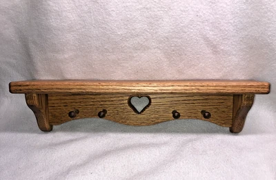16" Vintage Farmhouse Style Oak Wooden Shelf With Heart Cut Out 4 Pegs 1980's - Image 1 of 4
