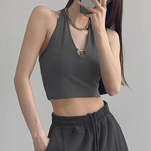 Slim Fit Women Crop Tank Top Halter Neck with Heart Shape Hollow Out Design - Picture 1 of 18