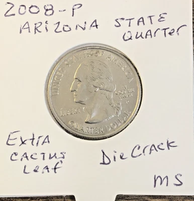 2008-P Arizona Statehood Quarter, Extra Cactus Leaf Die Crack, GEM UNC - Image 1 of 4
