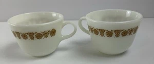 Vintage Pyrex Milk Glass Butterfly Gold Coffee Tea Cup Mug Set Of 2 - Picture 1 of 7