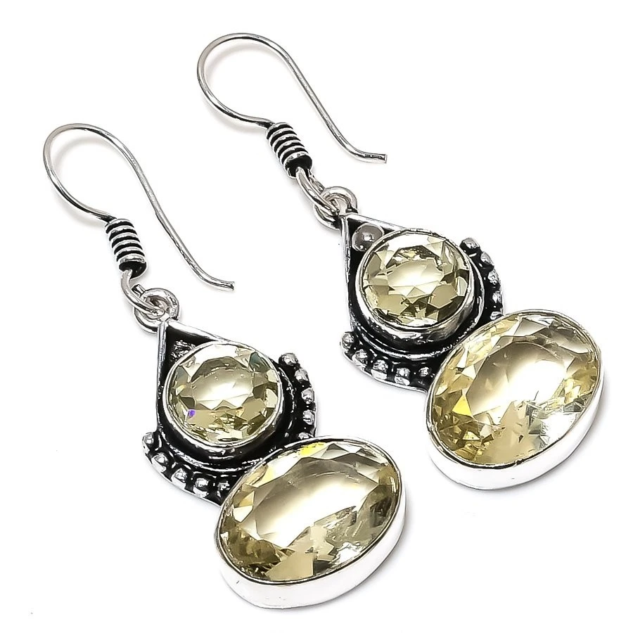 Pendiente de joyería de plata de ley 925 hecho a mano con piedras preciosas de cuarzo limón tamaño 1,6" Foto 1 de 1