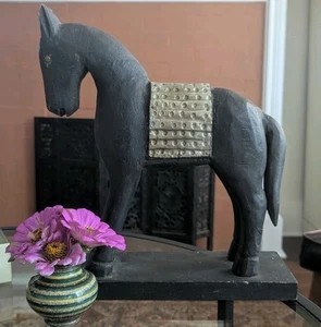 Vintage India Ornate Hand Carved Wood Brass Armor Metal Horse Equine Art Statue - Picture 1 of 21