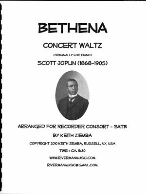 Joplin  Bethena Concert Waltz arr. SATB Recorder Quartet New - Image 1 of 3