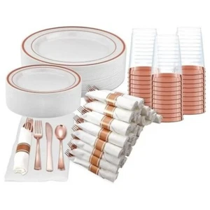 350 Piece Rose Gold Dinnerware Set 50 Guest-100 Rose Gold Lace Plastic Plates  - Picture 1 of 5