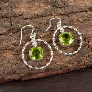 Peridot Gemstone 925 Sterling Silver Jewelry Handmade Drop/Dangle Earrings 1.60" - Picture 1 of 8