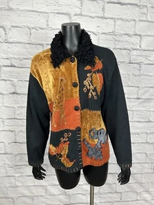 Maglione Lisa International cardigan con bottoni elefanti giraffa foglie autunnali taglia L - Foto 1 di 7