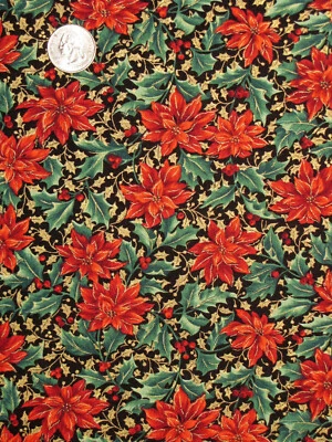 Christmas Poinsettia Gold Gild Holly Leaf Black Cotton Fabric QT Treasured Yard - Image 1 of 4