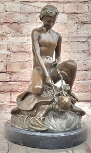Bronze Boy on Sea Turtle Nautical Collectible Sculpture Marble Base Figurine NR - Picture 1 of 10