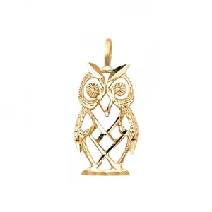 14K Solid Yellow Gold Owl Pendant - Bird Dia Cut Necklace Charm Women Men - Picture 1 of 1
