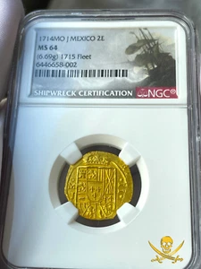 MEXICO 1714 NGC 64 2 ESCUDOS 1715 FLEET PIRATE GOLD COINS SHIPWRECK TREASURE - Picture 1 of 12