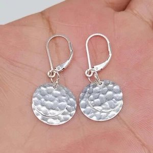 Double Disc Earrings 925 Sterling Silver Hammered Charm Lever-back Jewelry - Picture 1 of 6