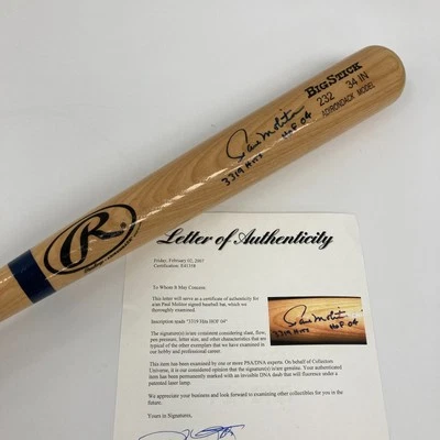 Paul Molitor 3319 Hits HOF 2004 Signed Rawlings Baseball Bat PSA DNA COA - Image 1 of 4