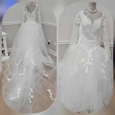 Vestido de noiva vintage anos 90 Mori Lee branco tule cetim miçangas pérolas catedral  - Imagem 1 de 4