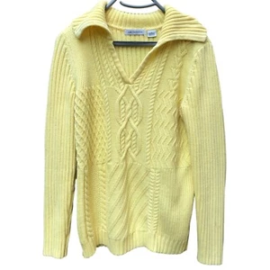 Liz Claiborne gelber Strick Aran Pullover Schalkragen V-Ausschnitt Damen Größe M - Bild 1 von 4