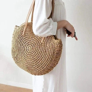 Frauen Boho Gewebte Handtasche Sommer Strand Tote Stroh Bag Runde Rattan Schulte - Bild 1 von 19