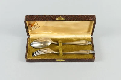 Couverts de baptême Deetjen 100 métal argenté vintage non gravé + écrin  - Photo 1/4