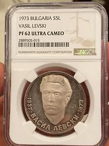 1973 BULGARIA FIVE LEVA NGC PF62 SILVER VASIL LEVSKI 5L Coin BUY IT NOW! - Picture 1 of 2