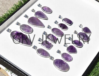 Lote al por mayor de 10 colgantes de piedras preciosas de amatista chapadas en plata 925 joyas WH-15 Foto 1 de 4